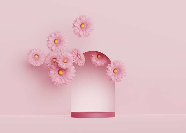 3d display pódio flor rosa fundo natureza produto de beleza maquete cosmética