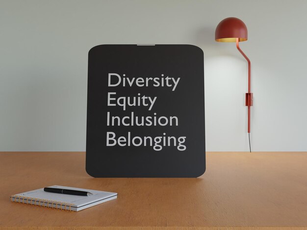 Foto 3d-diversity-equity-inklusion und zugehörigkeit zu deib auf einem tablet auf einem minimalen büro-schreibtisch geschrieben