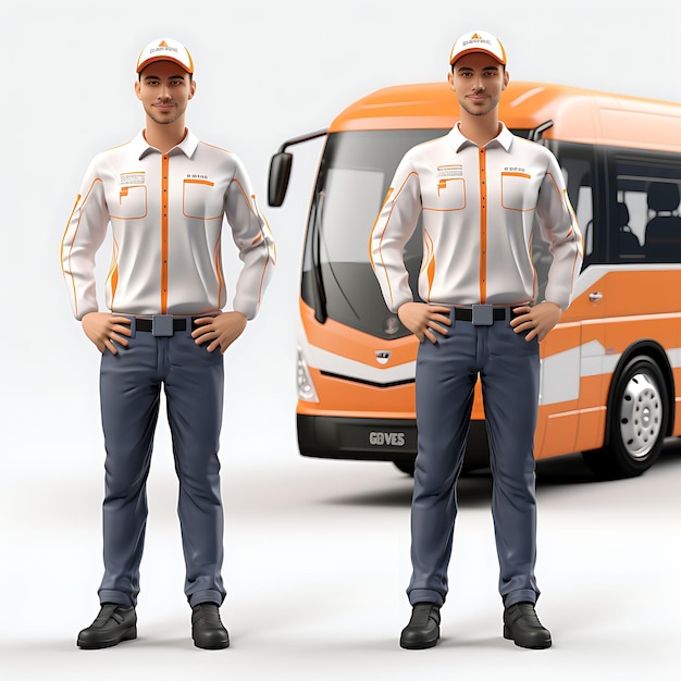 3D do motorista de ônibus, um motorista de ônibus confiável em uniforme com reviravolta de personagem de comunicação em branco BG