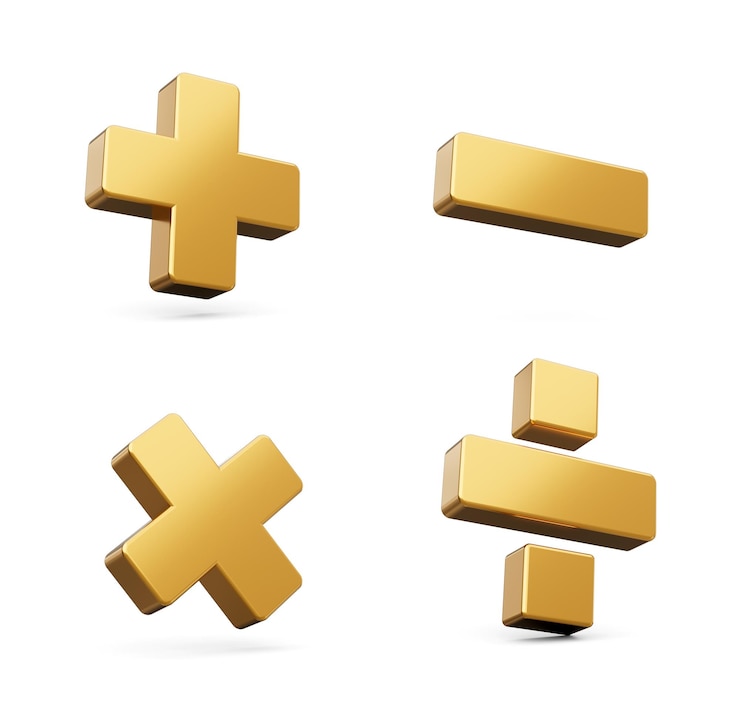 Foto 3d dourado brilhante mais menos multiplicar e dividir sinal isolado na ilustração 3d de fundo branco