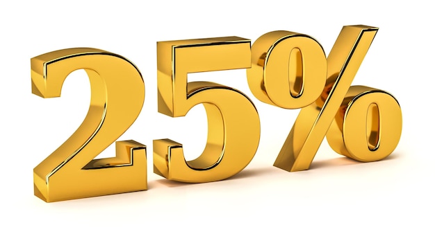 3D dourado de 25% de desconto isolado no fundo branco para promoção de venda