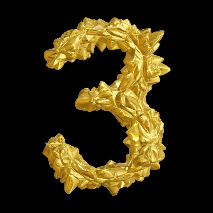 Foto 3d dourado número 3 para o conceito de matemática e educação