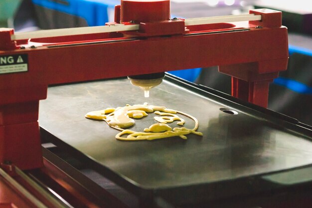 3D-Drucker, der einen flüssigen Teig druckt. 3D-Drucker, der Pfannkuchen mit flüssigem Teig in verschiedenen Formen aus nächster Nähe druckt. Moderne additive Technologien 4.0 industrielle Revolution