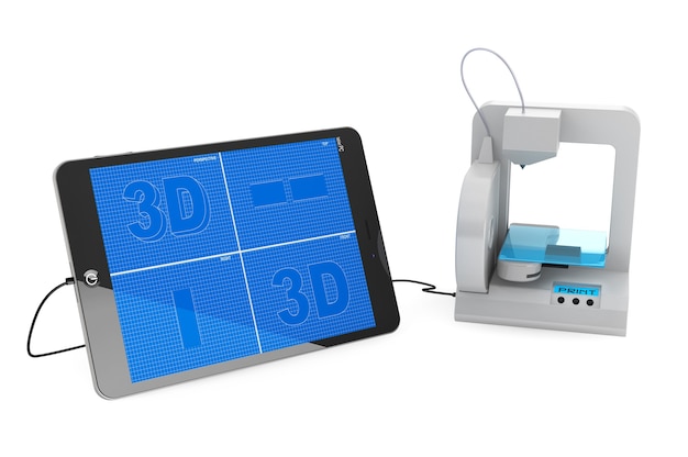 3D-Drucker mit Tablet-PC auf weißem Hintergrund verbunden