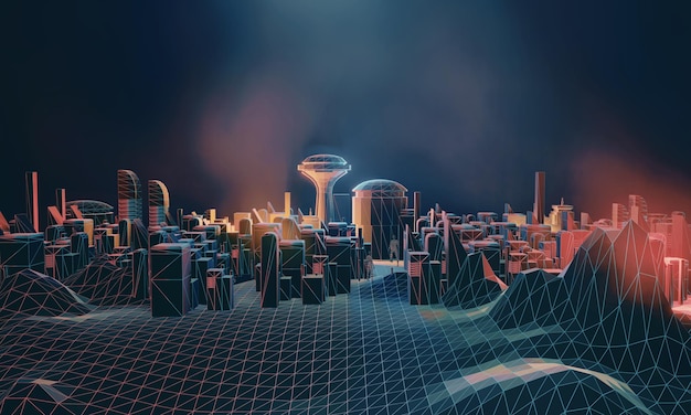 3D dunkle Stadt des Cyberspace metaverse digitale Landschaft des futuristischen Hintergrundkonzepts 3D-Illustrationsrendering