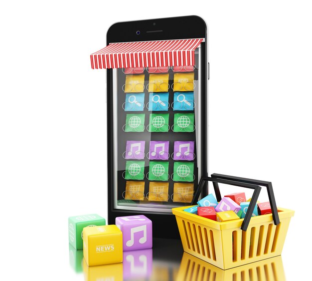 3D E-Commerce, Smartphone mit mobilen App Stores.