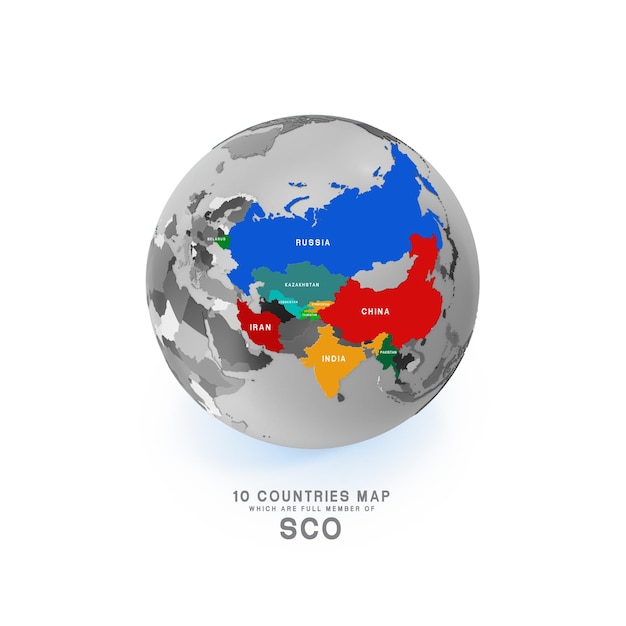 3D Earth die Nationalflaggen von TEN Ländern, die Vollmitglieder der SCO New sind, sind Iran Belarus