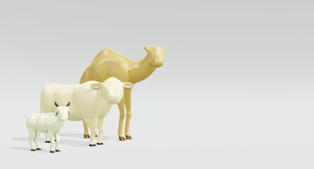 3D Eid Al Adha Sacrifício Animal Cabra e Vaca e Camelo com Posição Esquerda e Fundo Branco