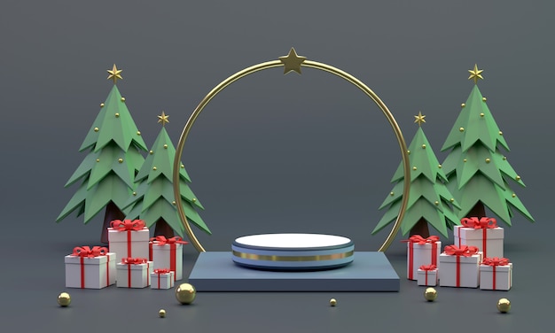 3D. Ein kreisförmiges Podium in der Nähe eines Rings mit Sternen, Fotorahmen, Weihnachtsbaum und Geschenkbox.