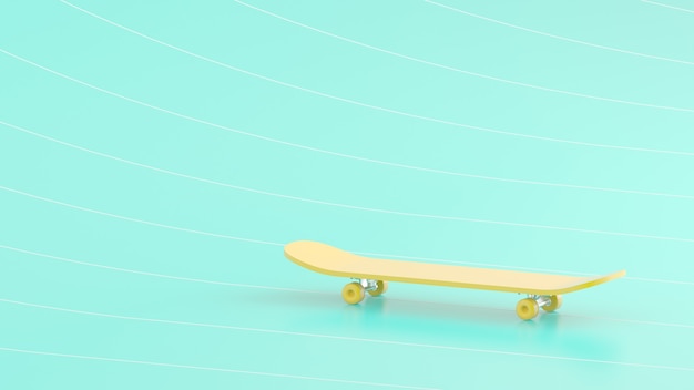 Foto 3d ender amarelo skate em fundo turquosie