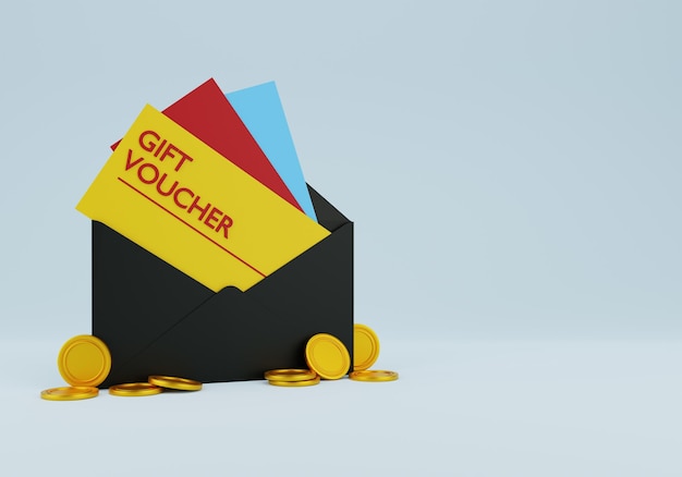 3D-Ermäßigungsgutschein Illustration Gutschein Geschenkblau Prozentzeichen Gutscheine mit Umschlag und Münze