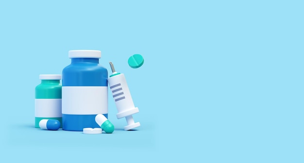 3D-Erste-Hilfe-Kasten mit Pillen-Kisten und Spritze Medizinische Ausrüstung Gesundheitspflege-Vorlage Online-Apotheke
