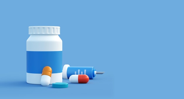 3D-Erste-Hilfe-Kasten mit Pillen-Kisten und Spritze Medizinische Ausrüstung Gesundheitspflege-Vorlage Online-Apotheke
