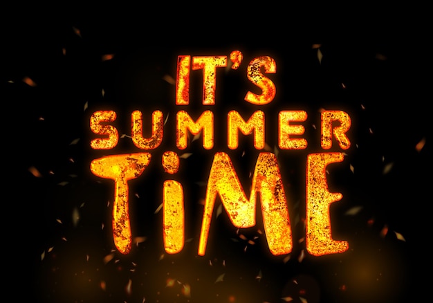 Foto 3d es banner de horario de verano en letras de fuego. textura de moda. vocación de temporada, fin de semana, banner de vacaciones.