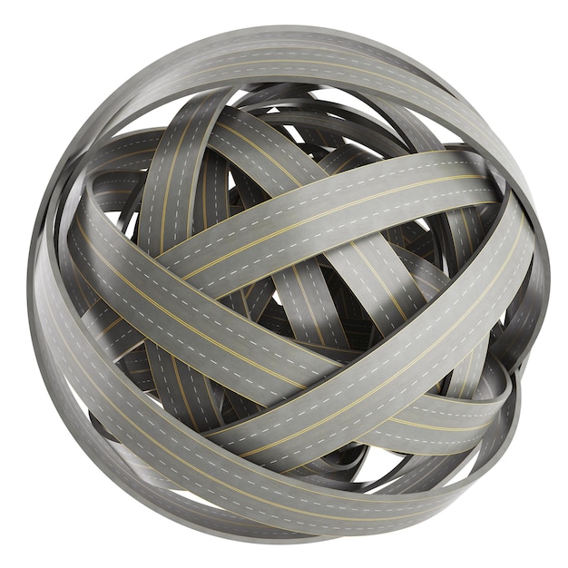 Foto 3d esfera abstracta de caminos enredados aislado sobre fondo blanco ilustración 3d de alta resolución