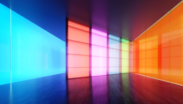 3D Espacio de sala de usos múltiples moderno vacío con pared de vidrio transparente degradado de color
