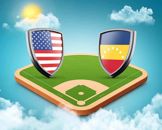 3d Estados Unidos versus Venezuela Shield Iconos en el estadio de béisbol con campo de hierba 3d ilustración