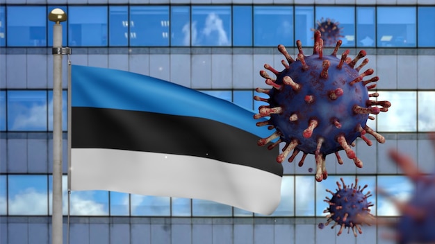 3D, estnische Flagge weht mit moderner Wolkenkratzerstadt und Coronavirus-Ausbruch als gefährliche Grippe. Influenza-Virus vom Typ Covid 19 mit nationalem Estland-Banner, der Hintergrund weht. Pandemie-Risikokonzept