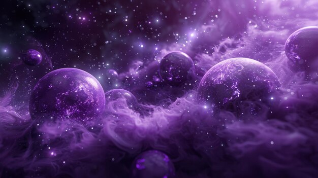 Foto 3d ethereal sphere array em nebula purple background com grão fino