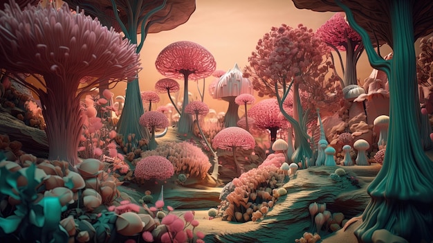 3D Fantasy Forest projeta flores vibrantes e árvores caprichosas