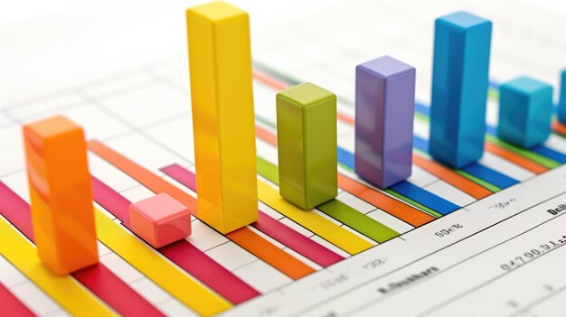 3D-farbenfroher Balkendiagramm auf einem gedruckten Diagramm mit steigenden Statistiken