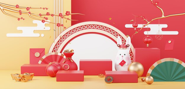 3d Feliz año nuevo chino el año de Rabbit Podium para mostrar el fondo del año nuevo lunar del producto