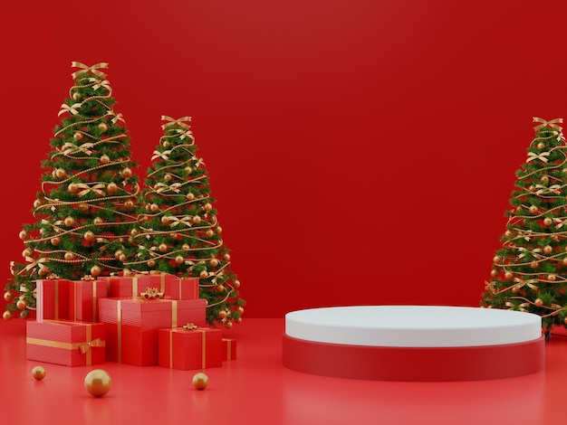 Foto 3d feliz natal e feliz ano novo para mostrar o modelo de banner de postagem de mídia social de produto fundo vermelho