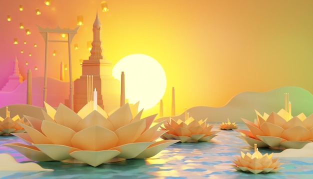 3d festival Loy Krathong e festival Yi Peng em banners do norte da tailândia com lua