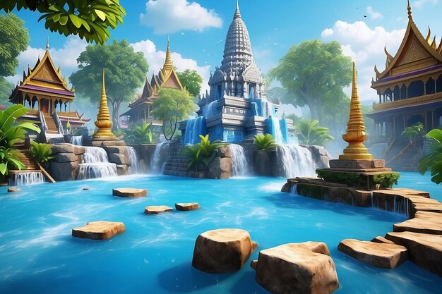 3d Festival de Songkran fondo en Tailandia Festival del agua 3d con con wa azul