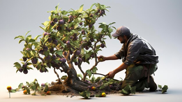 3D-Figuren, die junge Obstbäume beschneiden