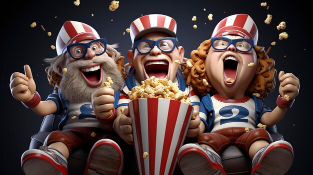 3D-Figuren essen Popcorn bei einer Sportveranstaltung