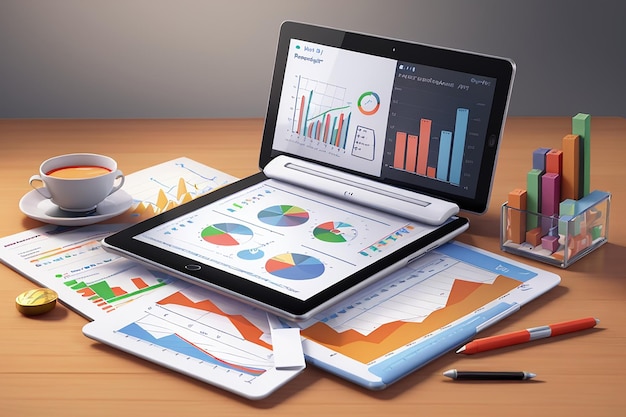 3d-Finanzberichtsdiagramm Datenanalyse und Webentwicklungskonzept Tablet mit Datendiagramm