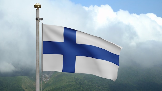 3D, finnische Flagge weht im Wind am Berg. Finnland-Banner weht weiche Seide. Stoff Textur Fähnrich Hintergrund. Verwenden Sie es für das Konzept für Nationalfeiertage und Länderanlässe.