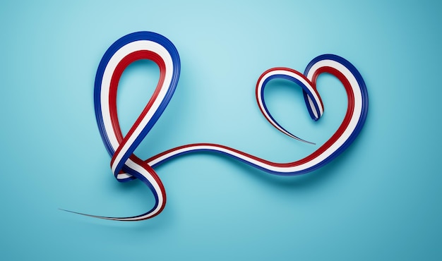 3D-Flagge der Niederlande HeartShaped Shiny Wavy Awareness Ribbon auf blauem Hintergrund 3D-Darstellung