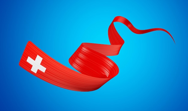 3D-Flagge der Schweiz, 3D-Flagge mit schwenkendem Band, isoliert auf blauem Hintergrund, 3D-Illustration