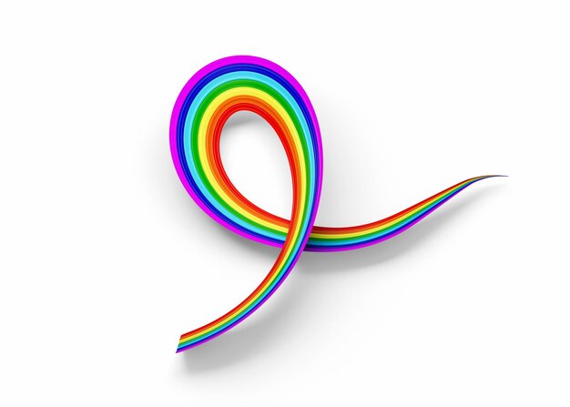 3D-Flagge des Regenbogens, glänzendes, gewelltes Bewusstseinsband, isoliert auf weißem Hintergrund, 3D-Illustration