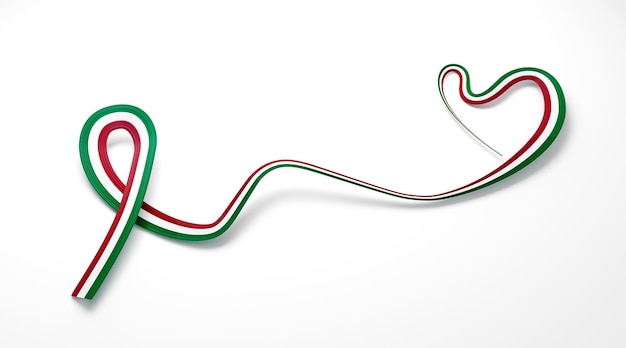 3D-Flagge Italiens in Herzform mit gewelltem Bewusstseinsband auf weißem Hintergrund, 3D-Illustration