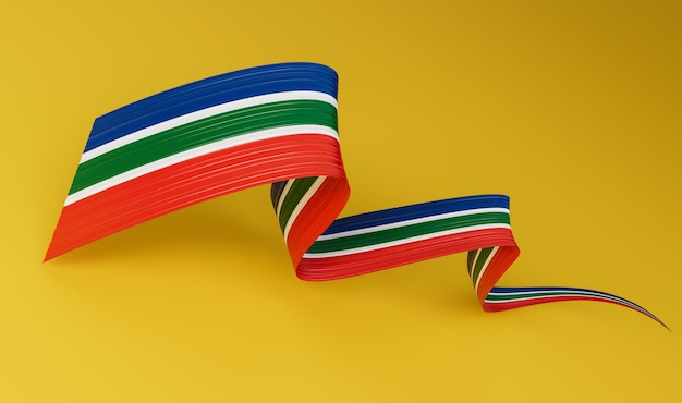 3D-Flagge von Südafrika 3D-Waving Ribbon Flagge von Südafrika auf gelbem Hintergrund 3D-Darstellung