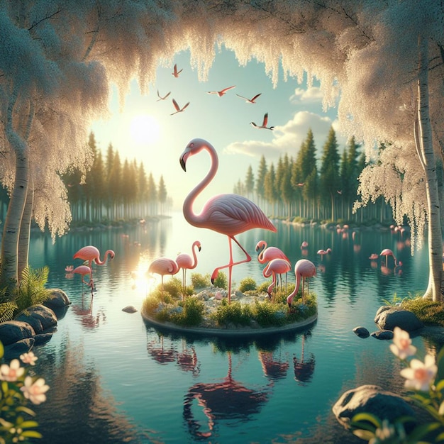 3D-Flamingo auf einem wunderschönen See, umgeben von Natur
