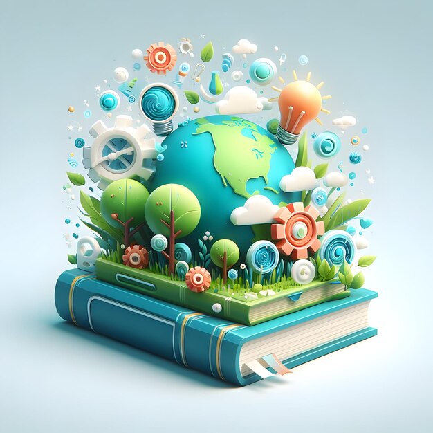 3d Flat Icon: conceito de educação ambiental, livros e aplicativos focados no ensino de sustentabilidade com