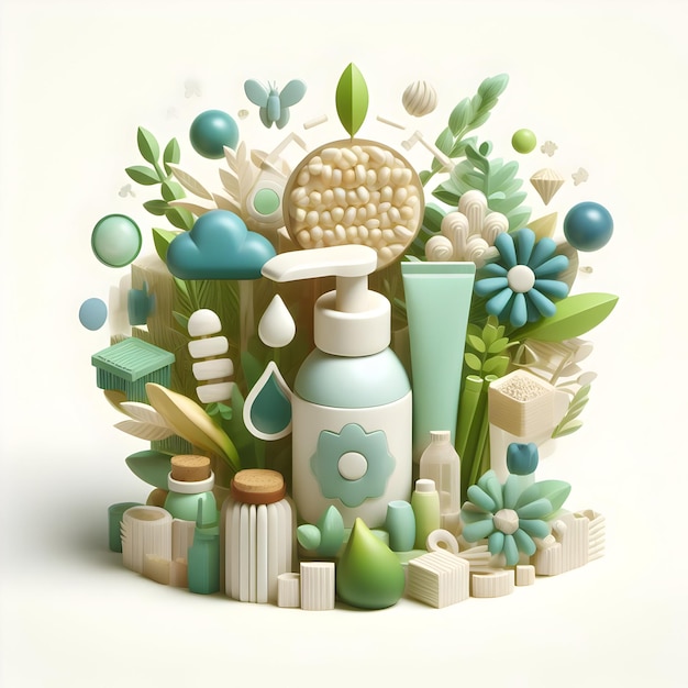 3d Flat Icon EcoFriendly Beauty Products Concept Cosméticos feitos com ingredientes naturais com branco