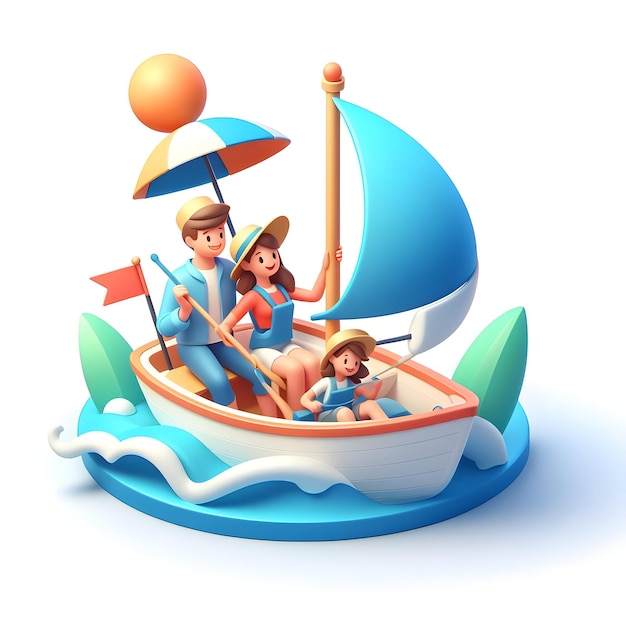 Foto 3d flat icon familia navegando en un barco concepto familia unida en una aventura viaje marítimo estilo de dibujos animados