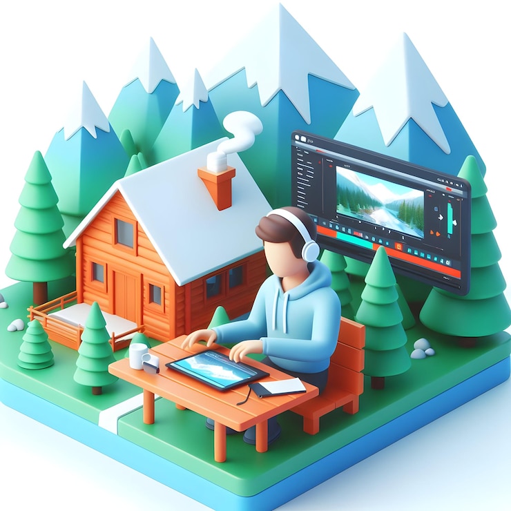 Foto 3d flat icon freelancer edición de videos en tableta en mountain lodge mezcla creativa de trabajo y nat