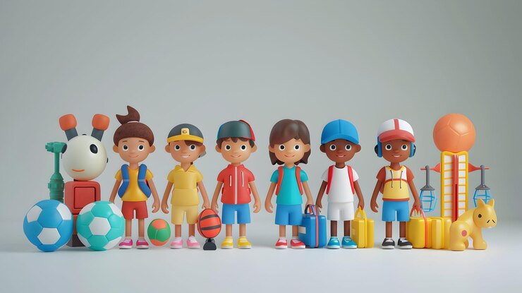 Foto 3d flat icon kids con equipo deportivo y concepto de gimnasio mágico en un entorno de backtoschool