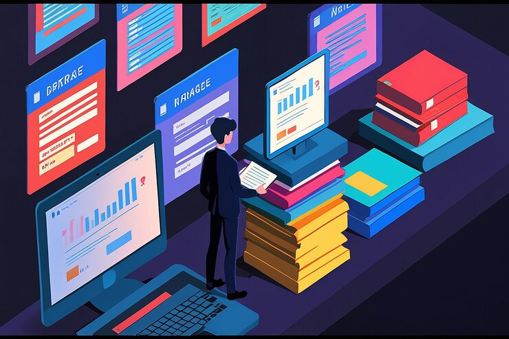 Foto 3d flat isometric businessman gestión de carpetas y archivos en la pantalla de la computadora portátil administración y concepto de gestión de archivos de base de datos