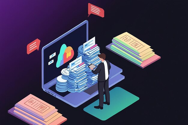 3D Flat Isometric Businessman Gestión de carpetas y archivos en la pantalla de la computadora portátil Administración y concepto de gestión de archivos de base de datos