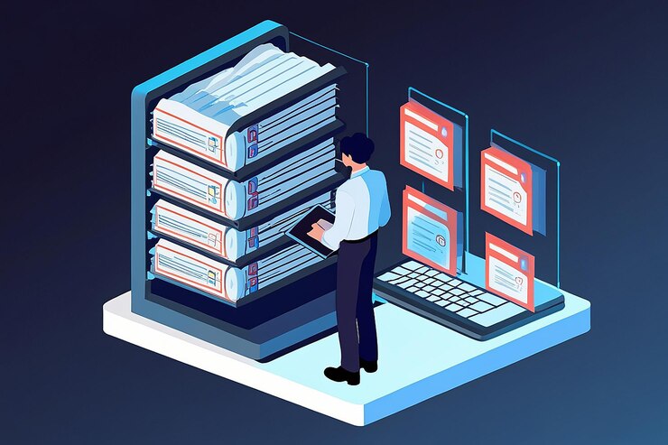 Foto 3d flat isometric businessman gestión de carpetas y archivos en la pantalla de la computadora portátil administración y concepto de gestión de archivos de base de datos