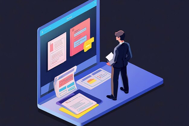 3D Flat Isometric Businessman Gestión de carpetas y archivos en la pantalla de la computadora portátil Administración y concepto de gestión de archivos de base de datos