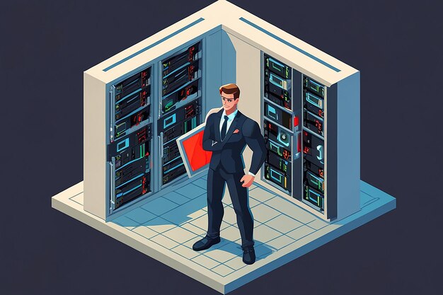 3D Flat Isometric Super Businessman Holding Shield Protección del centro de datos Racks de servidores Seguridad de la base de datos y concepto de protección de datos