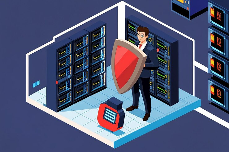 Foto 3d flat isometric super businessman holding shield protección del centro de datos racks de servidores seguridad de la base de datos y concepto de protección de datos